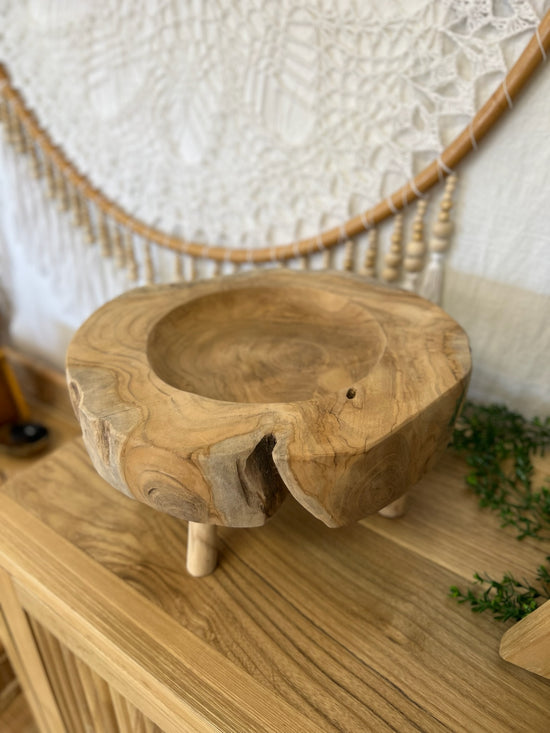 Carved Round Wooden Bowl with Legs