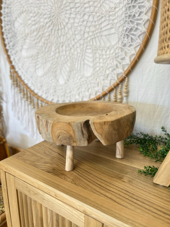 Carved Round Wooden Bowl with Legs