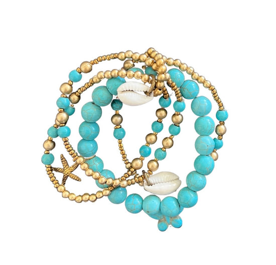 Set of Bracelets (4) Blue - Brass & Natural Shells